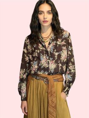 Lauren Ralph Lauren Vintage 90’s Floral Button Down Chiffon Blouse Brown 14W